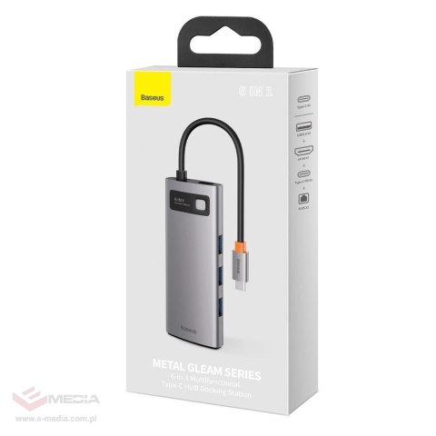 HUB Baseus Metal Gleam 6w1 USB-C - USB-C PD 100W 1x HDMI 4K 30Hz 3x USB-A 3.2 1x RJ45 - szary