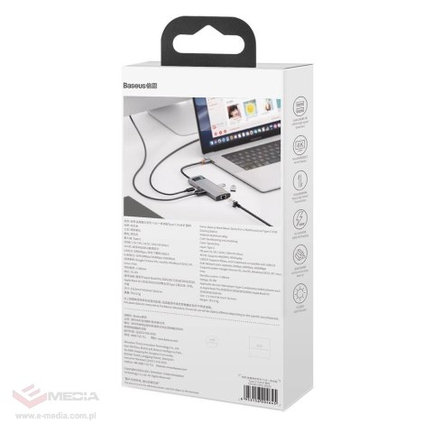 HUB Baseus Metal Gleam 6w1 USB-C - USB-C PD 100W 1x HDMI 4K 30Hz 3x USB-A 3.2 1x RJ45 - szary