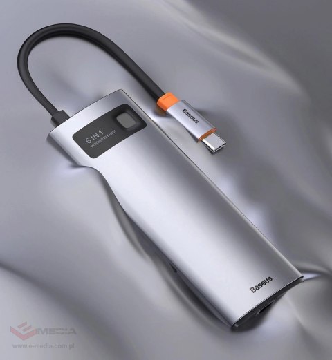 HUB Baseus Metal Gleam 6w1 USB-C - USB-C PD 100W 1x HDMI 4K 30Hz 3x USB-A 3.2 1x RJ45 - szary
