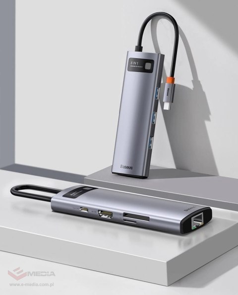 Hub Baseus Metal Gleam 8w1 USB-C - USB-C PD 100W 1x HDMI 4K 30Hz 1x czytnik kart SD i microSD 3x USB-A 3.2 1xRJ45 - szary