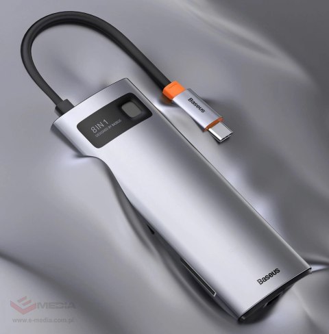 Hub Baseus Metal Gleam 8w1 USB-C - USB-C PD 100W 1x HDMI 4K 30Hz 1x czytnik kart SD i microSD 3x USB-A 3.2 1xRJ45 - szary