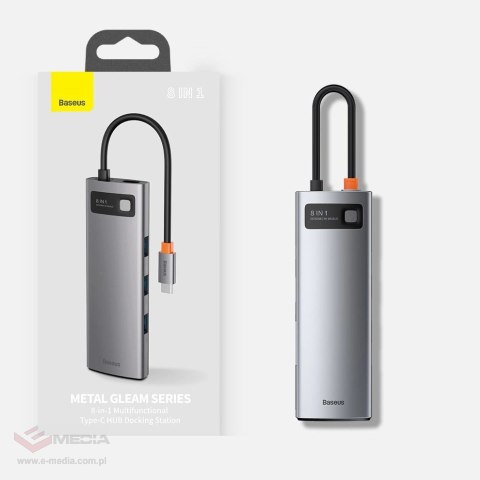 Hub Baseus Metal Gleam 8w1 USB-C - USB-C PD 100W 1x HDMI 4K 30Hz 1x czytnik kart SD i microSD 3x USB-A 3.2 1xRJ45 - szary