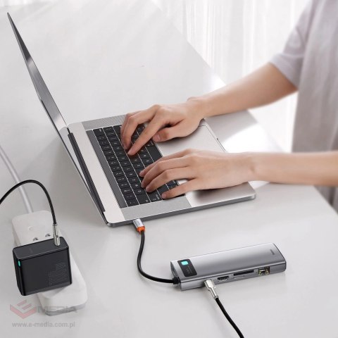 HUB Baseus Metal Gleam 9w1 USB-C - 3x USB 3.2 Gen 1 / USB-C PD 100W / VGA / HDMI / czytnik kart TF, SD / RJ45 - szary (CAHUB-CU0
