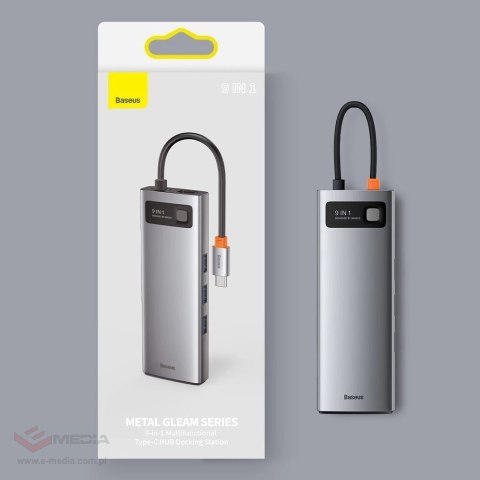 HUB Baseus Metal Gleam 9w1 USB-C - 3x USB 3.2 Gen 1 / USB-C PD 100W / VGA / HDMI / czytnik kart TF, SD / RJ45 - szary (CAHUB-CU0