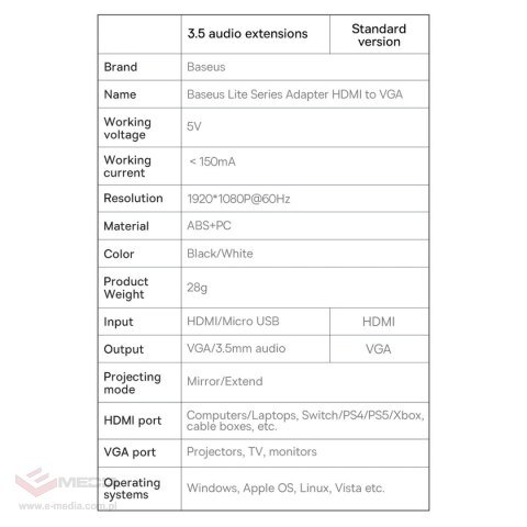 Adapter HDMI - VGA Baseus WKQX010102 - biały