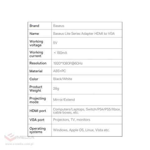 Baseus Lite Series przejściówka adapter HDMI do VGA czarny (WKQX010001)