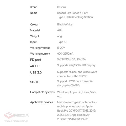 Baseus Lite Series wielofunkcyjny HUB USB Typ C - 2 x USB 3.0 / USB Typ C PD / HDMI 1,4 / SD/TF biały (WKQX050102)