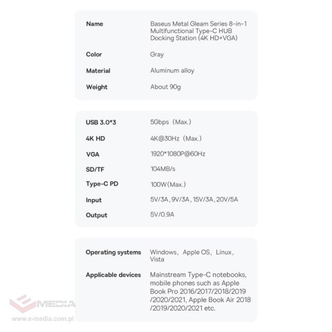 HUB Baseus Metal Gleam 8w1 USB-C - HDMI / 3x USB 3.2 / PD / czytnik kart SD, TF / VGA - szary