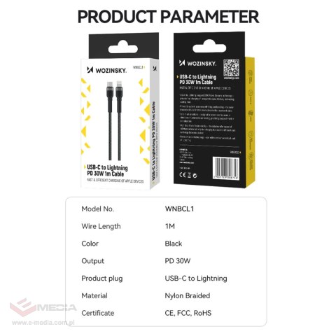 Kabel Wozinsky WNBCL1 Lightning / USB-C PD 30W 1 m - czarny