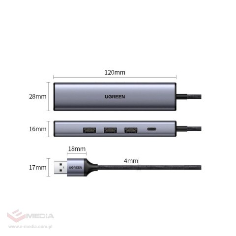 Ugreen wielofunkcyjny adapter HUB USB 3.0 - 3 x USB / Ethernet RJ-45 / USB Typ C PD szary (CM475)