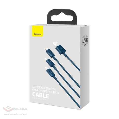 Kabel USB 3w1 Baseus Superior Series, USB do micro USB / USB-C / Lightning, 3.5A, 1.5m (niebieski)