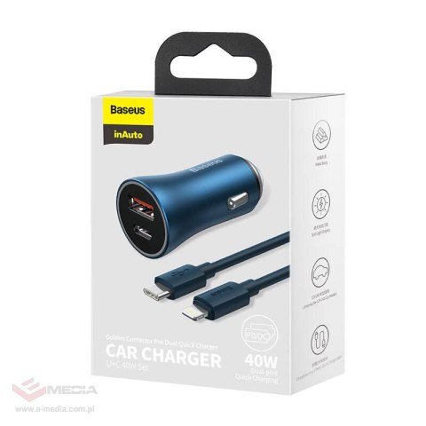 Ładowarka samochodowa BASEUS Golden Contactor Pro 40W USB+USB-C + kabel USB-C-Lightning 1m (niebieska)