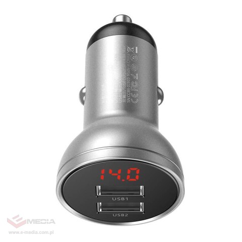 Ładowarka samochodowa Baseus z wyświetlaczem, 2x USB, 4,8A, 24W (srebrna)