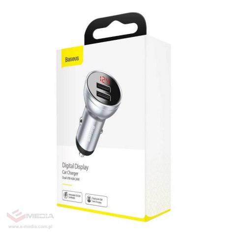 Ładowarka samochodowa Baseus z wyświetlaczem, 2x USB, 4,8A, 24W (srebrna)