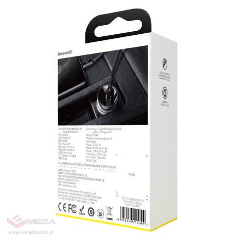 Ładowarka samochodowa Baseus z wyświetlaczem, 2x USB, 4,8A, 24W (srebrna)