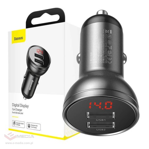 Ładowarka samochodowa BASEUS 24W 2x USB z wyświetlaczem (szara)