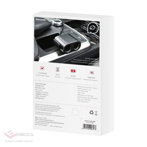 Rozdzielacz gniazda zapalniczki Baseus 2xUSB 3,1A 100W (czarny)