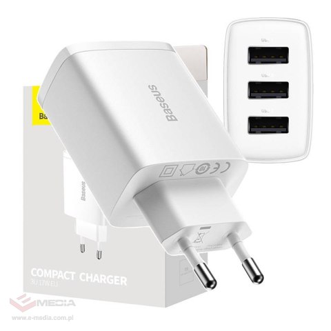Ładowarka sieciowa BASEUS Compact Quick Charger 17W 3xUSB-A (biała)