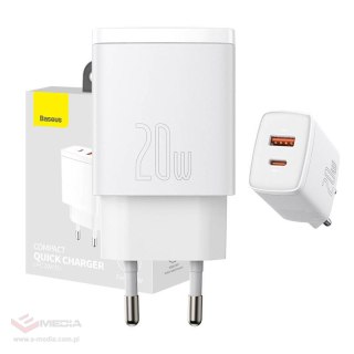 Ładowarka sieciowa BASEUS Compact Quick Charger 20W USB-A+USB-C (biała)