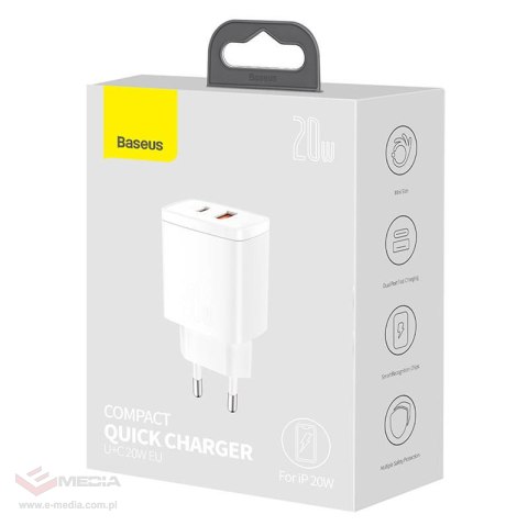 Ładowarka sieciowa BASEUS Compact Quick Charger 20W USB-A+USB-C (biała)