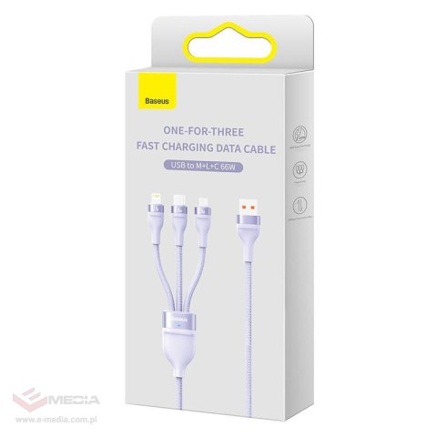 Kabel USB 3w1 Baseus Flash II, USB-C + micro USB + Lightning, 66W, 1.2m (fioletowy)