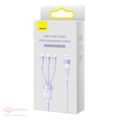 Kabel USB 3w1 Baseus Flash Series 2, USB-C + micro USB + Lightning, 100W, 1.2m (fioletowy)