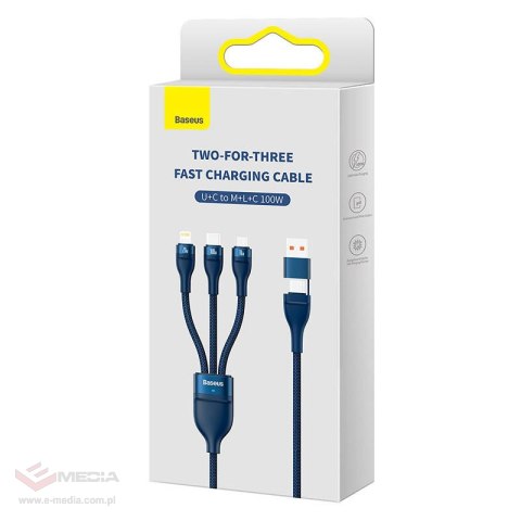Kabel USB 3w1 Baseus Flash Series 2, USB-C + micro USB + Lightning, 100W, 1.2m (niebieski)
