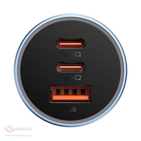 Ładowarka samochodowa Baseus Golden Contactor Pro, 2x USB-C, 1x USB, 65W (niebieska)