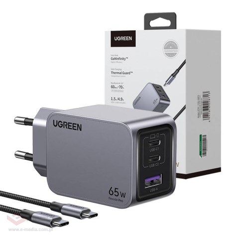 Ładowarka sieciowa UGREEN Nexode Pro 65W USB-A+2xUSB-C + USB-C 1.5m (czarna)