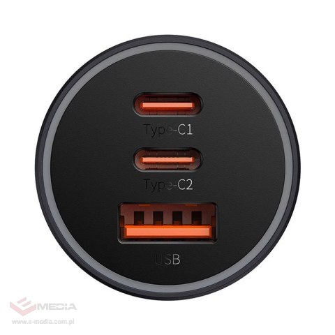 Ładowarka samochodowa Baseus Golden Contactor Pro, 2x USB-C, 1x USB, 65W (szara)