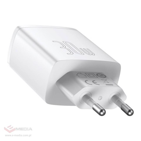 Ładowarka sieciowa BASEUS Compact Quick Charger 30W 2xUSB-A USB-C (biała)