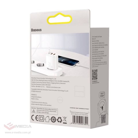 Ładowarka sieciowa BASEUS Compact Quick Charger 30W 2xUSB-A USB-C (biała)