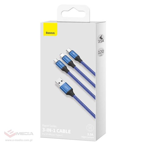 Kabel USB 3w1 Baseus Rapid Series, micro USB / Lightning / USB-C, 20W, 1.2m (niebieski)