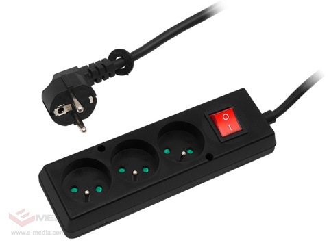 Przedłużacz sieciowy 1,5m 3Guw czarny z wtykiem kątowym