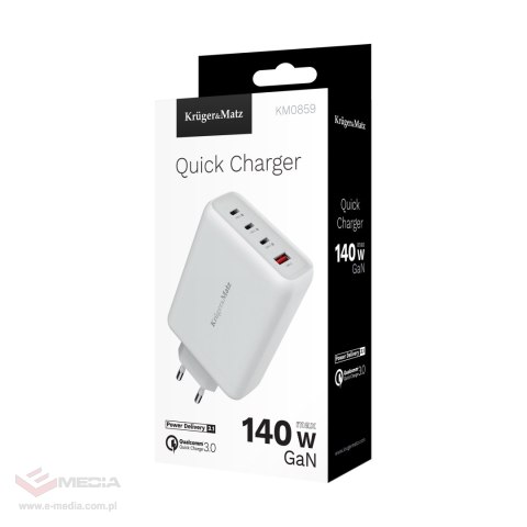 Ładowarka sieciowa Kruger&Matz 140 W GaN z funkcją Quick Charge i Power Delivery