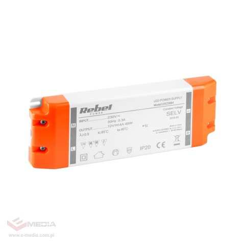Zasilacz REBEL do sznurów diodowych LED 12V 4A (YSL60-1204000) 48Watt max.