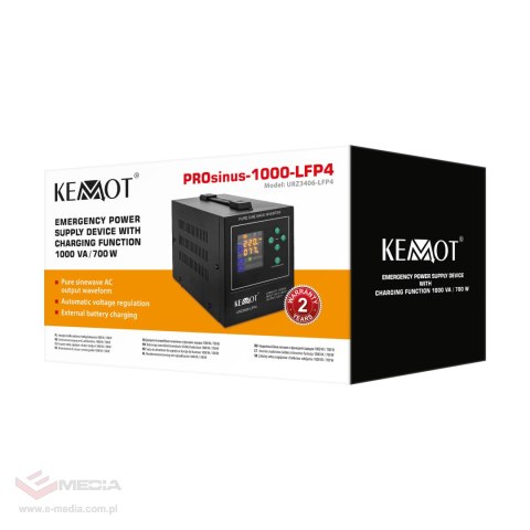 Zasilacz awaryjny KEMOT PROsinus-1000-LFP4 przetwornica z czystym przebiegiem sinusoidalnym i funkcją ładowania 12V 230V 1000VA/
