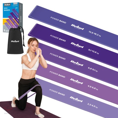 Zestaw gum do ćwiczeń lateksowy - Mini Band L, 2.3-18.2 kg, 5 gum, fioletowy, REBEL ACTIVE