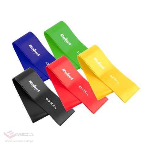 Zestaw gum do ćwiczeń lateksowy - Mini Band L, 2.3-18.2 kg, 5 gum, kolorowy, REBEL ACTIVE