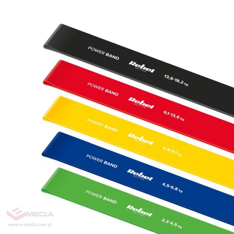 Zestaw gum do ćwiczeń lateksowy - Mini Band L, 2.3-18.2 kg, 5 gum, kolorowy, REBEL ACTIVE