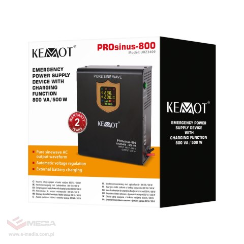 Zasilacz awaryjny naścienny KEMOT PROsinus-800 przetwornica z czystym przebiegiem sinusoidalnym i funkcją ładowania 12V 230V 800