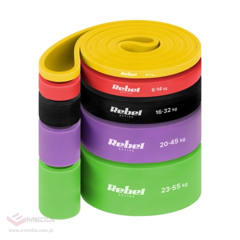Zestaw gum do ćwiczeń TPE - Power Band PTs-1, 4-55 kg, 5 gum TPE, REBEL ACTIVE