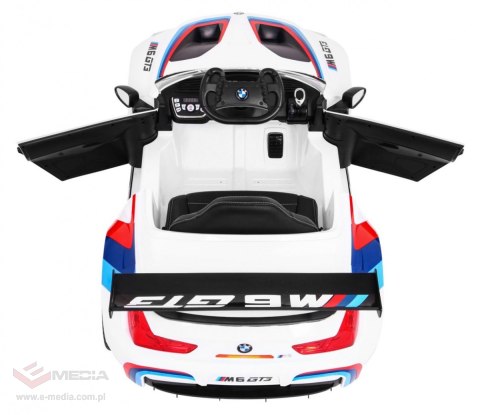 BMW M6 GT3 Auto na akumulator dla dzieci Biały + Nawiew powietrza + Dźwięki MP3 Światła + Pilot