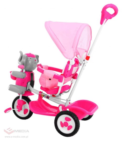 3-kołowy Rowerek dla dzieci Słonik Różowy + Dźwięki + Daszek + Barierka + Podnóżek + Rączka + Schowek