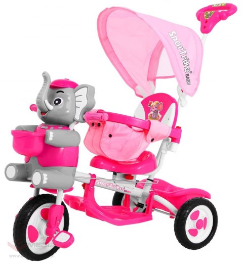 3-kołowy Rowerek dla dzieci Słonik Różowy + Dźwięki + Daszek + Barierka + Podnóżek + Rączka + Schowek