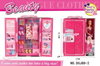 Lalka z Garderobą dla dzieci 3+ Ruchome elementy + 2 Sukienki + 5 Torebek + 4 pary Butów + 3 Wieszaki