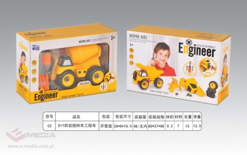 Betoniarka do Skręcania dla dzieci 3+ Pojazd budowlany + Śrubokręt + 3 Wymienne Bity