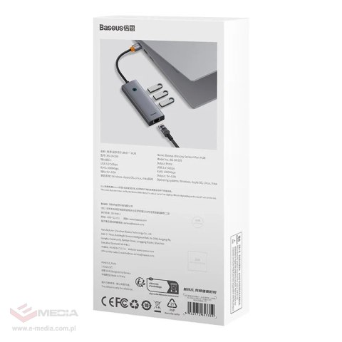 Hub Baseus UltraJoy Series Lite 4-Port (USB do USB 3.0*3+RJ45*1+USB-C 5V) (szary)