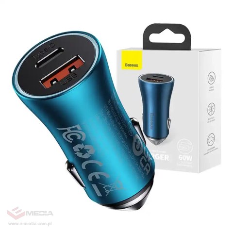 Ładowarka samochodowa Baseus Golden Contactor Max, USB + USB-C, 60W (niebieska)
