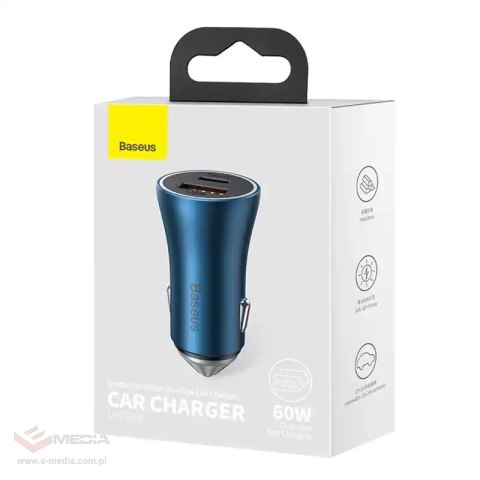 Ładowarka samochodowa Baseus Golden Contactor Max, USB + USB-C, 60W (niebieska)